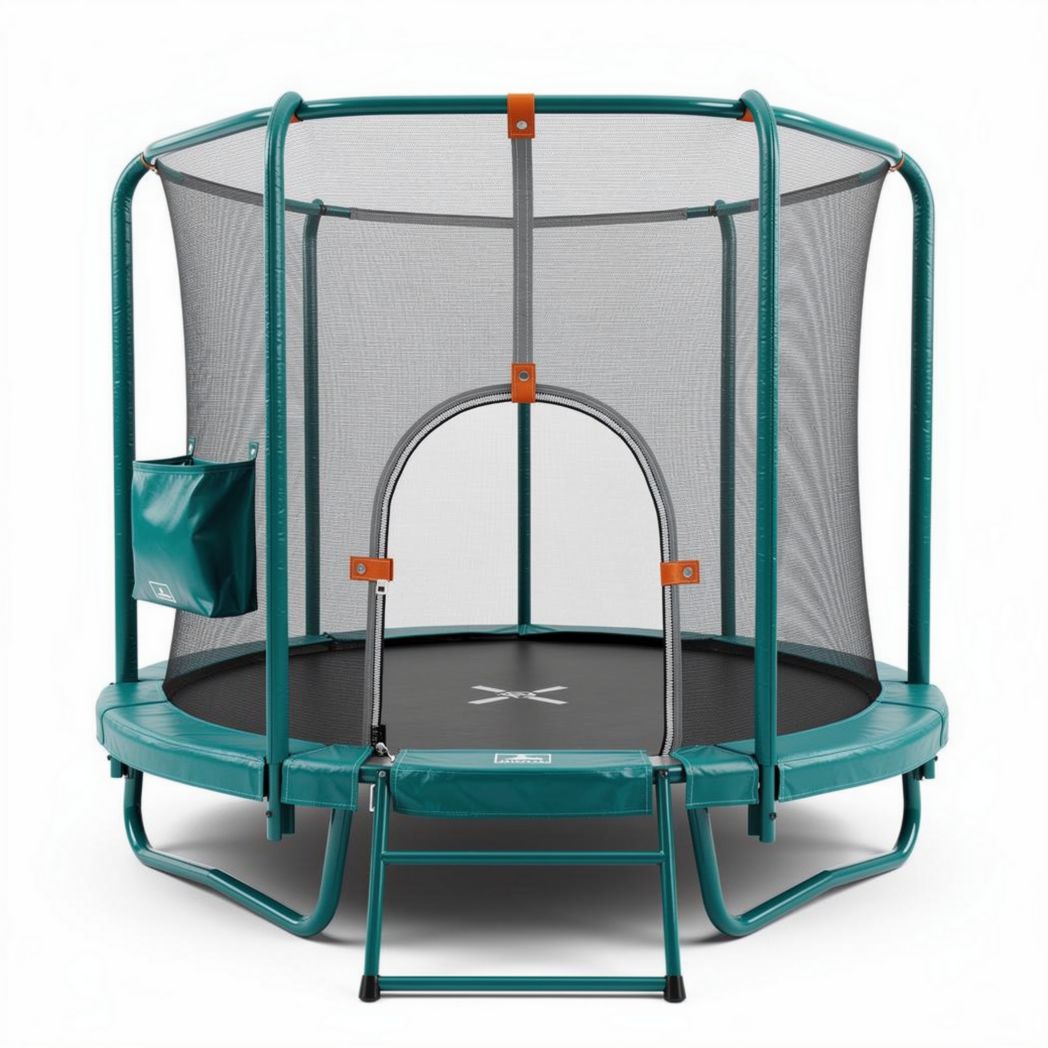 Blue outdoor trampoline with safety net and slide 210 x 210 x 240cm