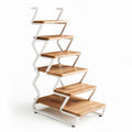 Wooden ladder style bookshelf with six open shelves and metal frame