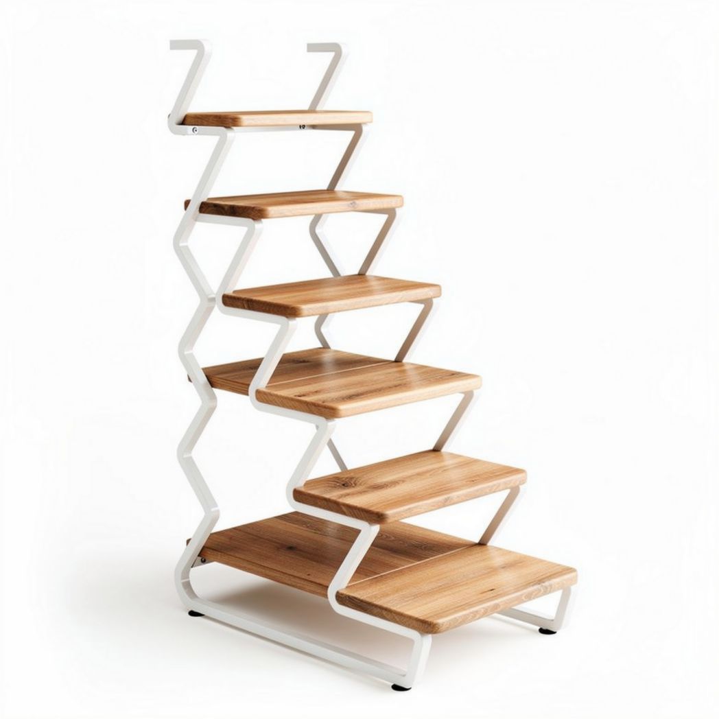 Wooden ladder style bookshelf with six open shelves and metal frame