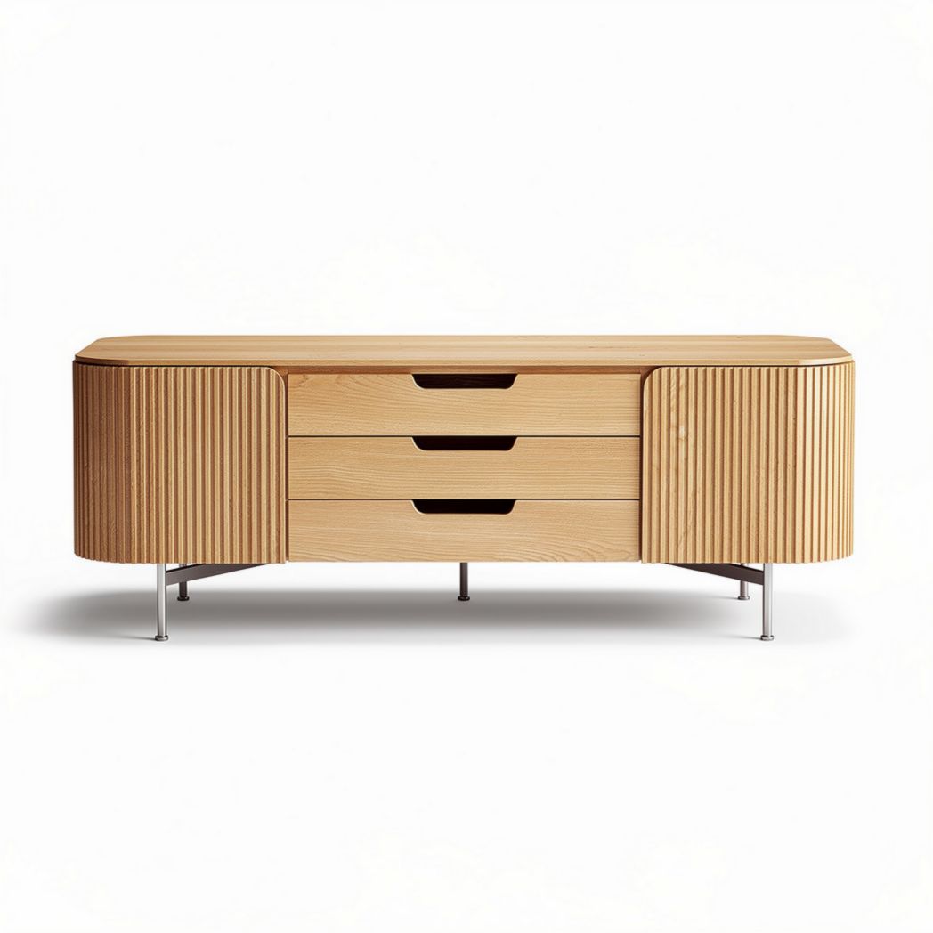 Wooden media console with three drawers and modern steel legs 150 x 40 x 50cm