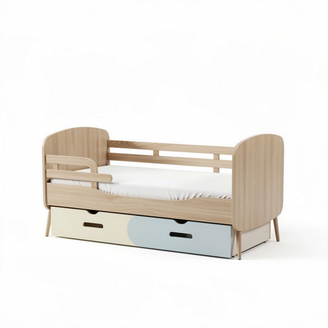 Wooden toddler bed with storage drawers 140 x 70 cm natural finish