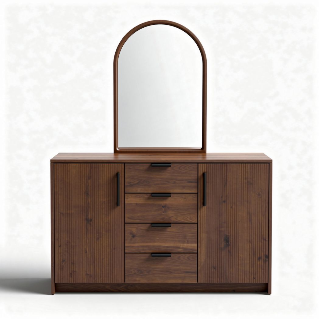 Brown wooden dresser with arched mirror and three storage drawers 120 x 45 x 80cm