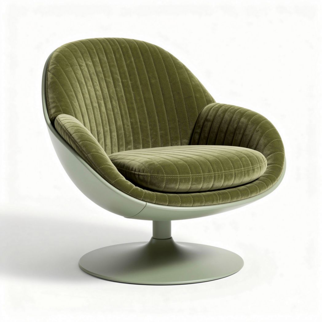 Green velvet swivel chair with round base for living room use 80 x 80 x 75cm