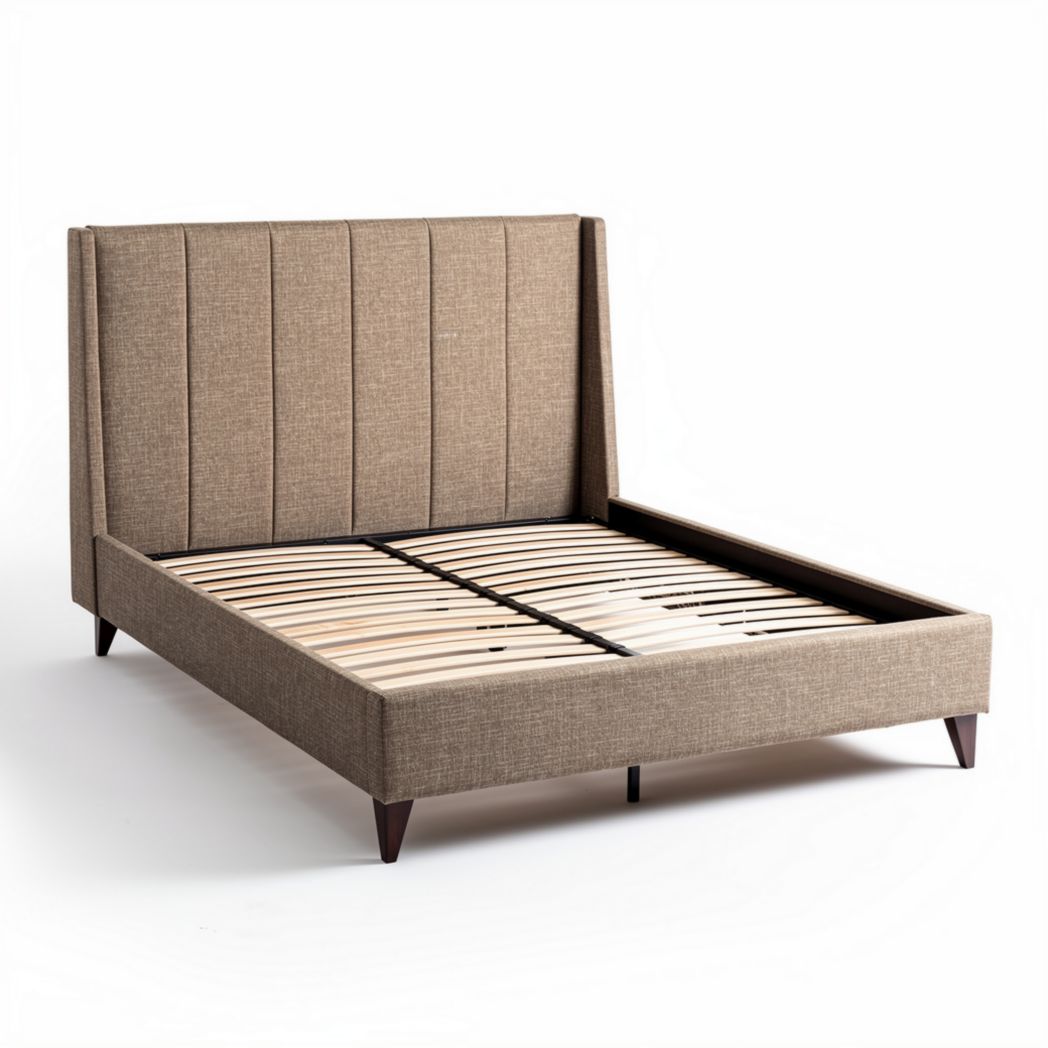 Gray upholstered bed frame with wooden slats and modern design 200 x 160 x 30cm